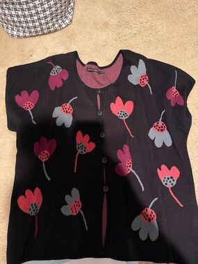 Gudrun Sjoden Vest- Black Floral Button Front Vest - Pink & Gray Flowers